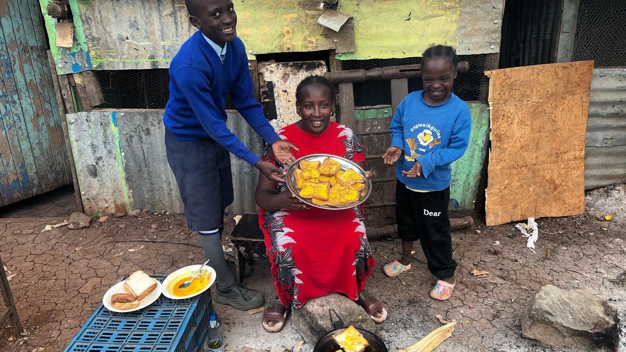 Authentic life in African Village cooking toast bread with  tea 