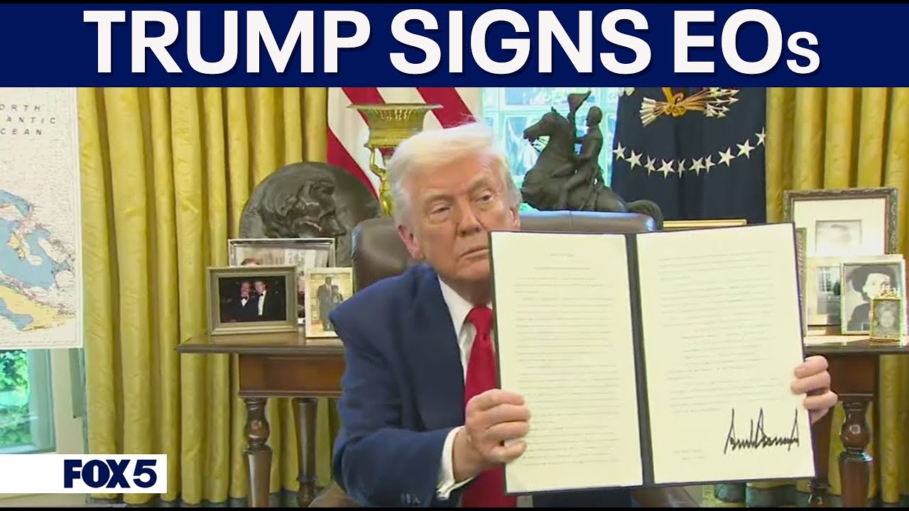 President Donald Trump signs Executive Orders and takes reporter questions after tariff announcement