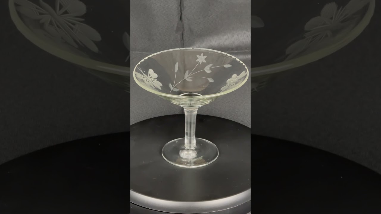 1930s Clear Depression Glass Compote with Artisan Wheel Cut Butterfly & Star Flower Spray #vintage