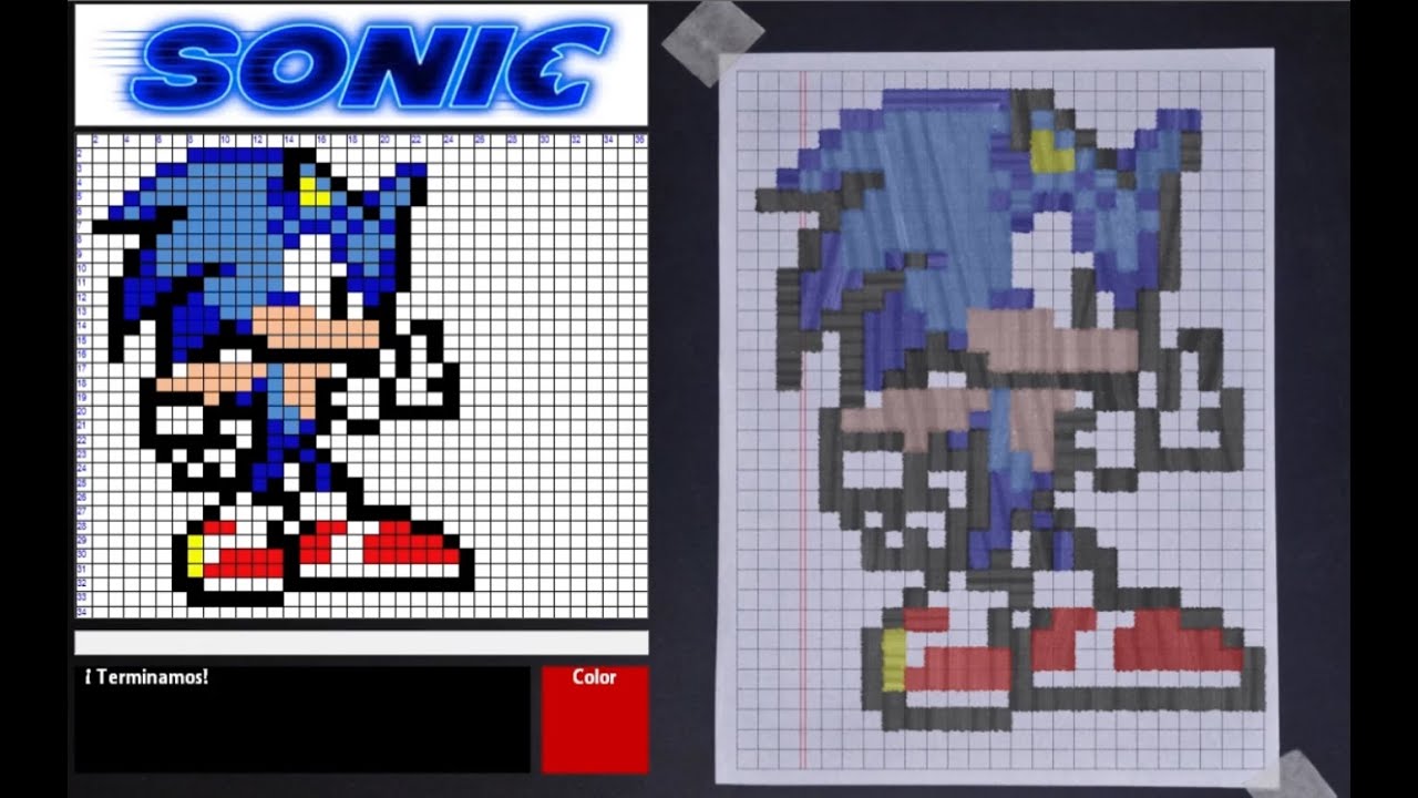 Tutorial paso a paso de PixelArt de Sonic el Erizo, en papel cuadriculado