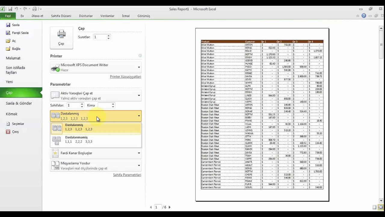 Microsoft Excel 2010 - İş vərəqlərinin çapı