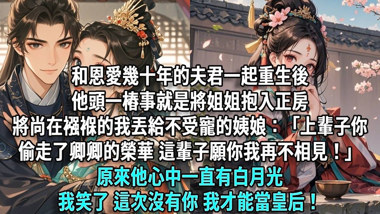 和恩愛幾十年的夫君一起重生後，他頭一樁事就是將姐姐抱入正房，將尚在襁褓的我丟給不受寵的姨娘：「上輩子你偷走了卿卿的榮華，這輩子，願你我再不相見！」原來他心中一直有白月光，我笑這次沒有你，我才能當皇后！