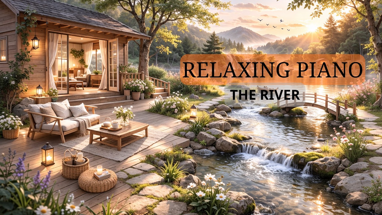 Relaxing Healing Piano Music for Peaceful Mind|Lakeside Cabin & Waterfall | | Slow Natural