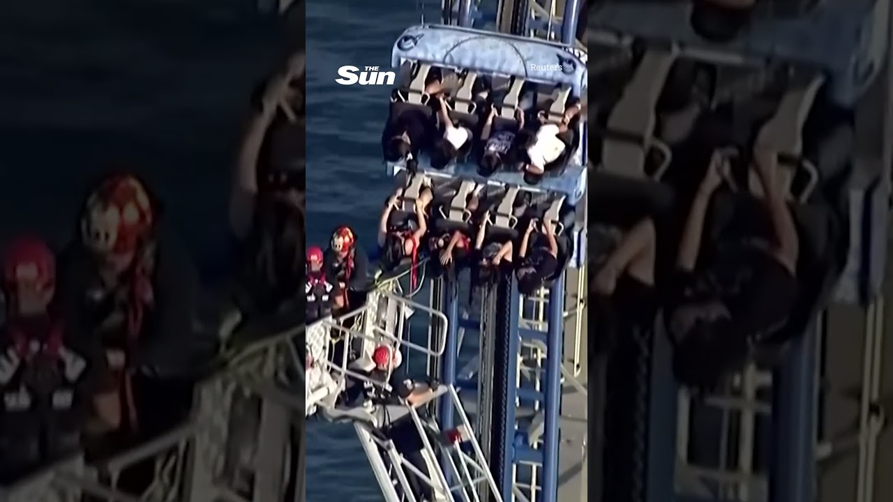 Stomach-churning moment students left stranded on 100ft-high rollercoaster for hours