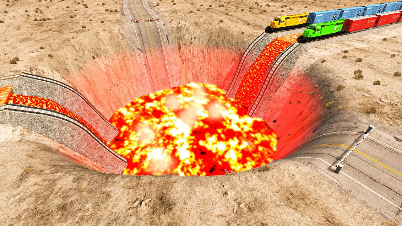 Trains vs Giant Lava Crater & Cars vs Rails - BeamNG.Drive
