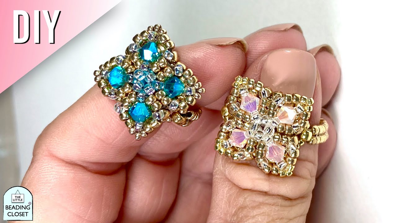 How to make a beaded ring with 4mm bicone crystals and seed beads // THE FOUR CORNERS RING