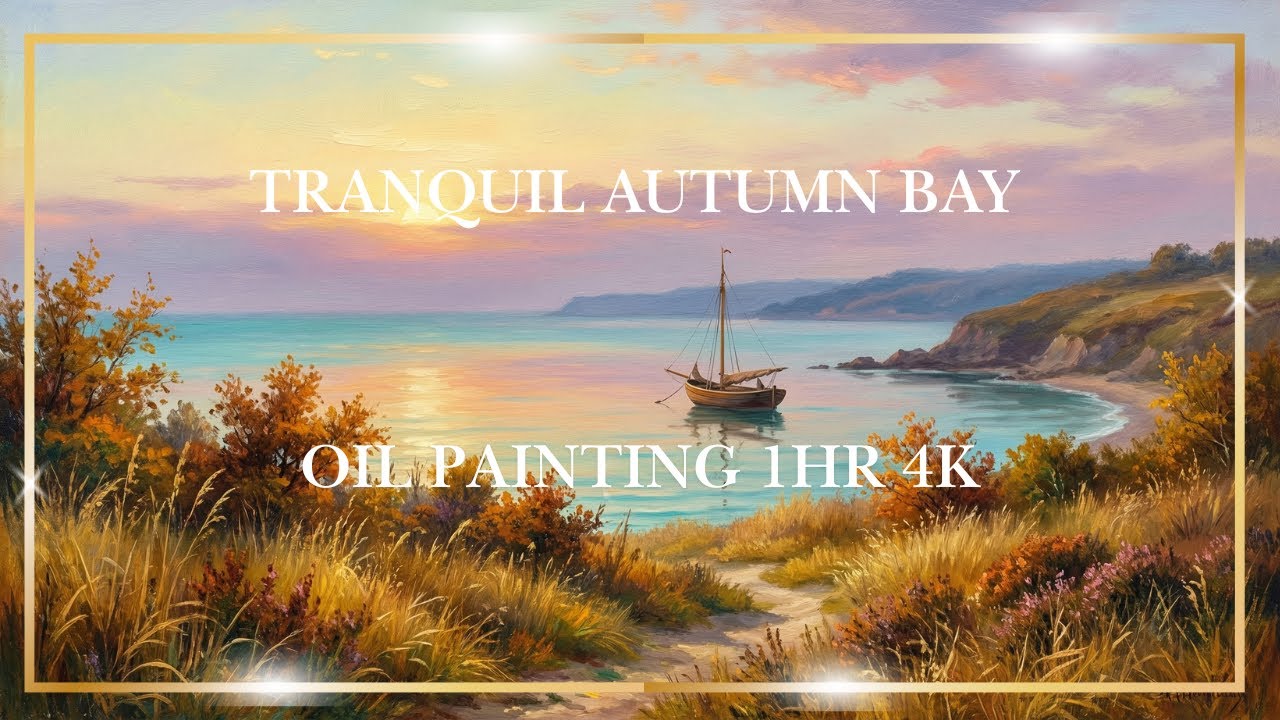 Tranquil Autumn Bay Oil Painting 4K (1HR) – Sailboat, Golden Sunset & Coastal Path | Relaxing TV Art