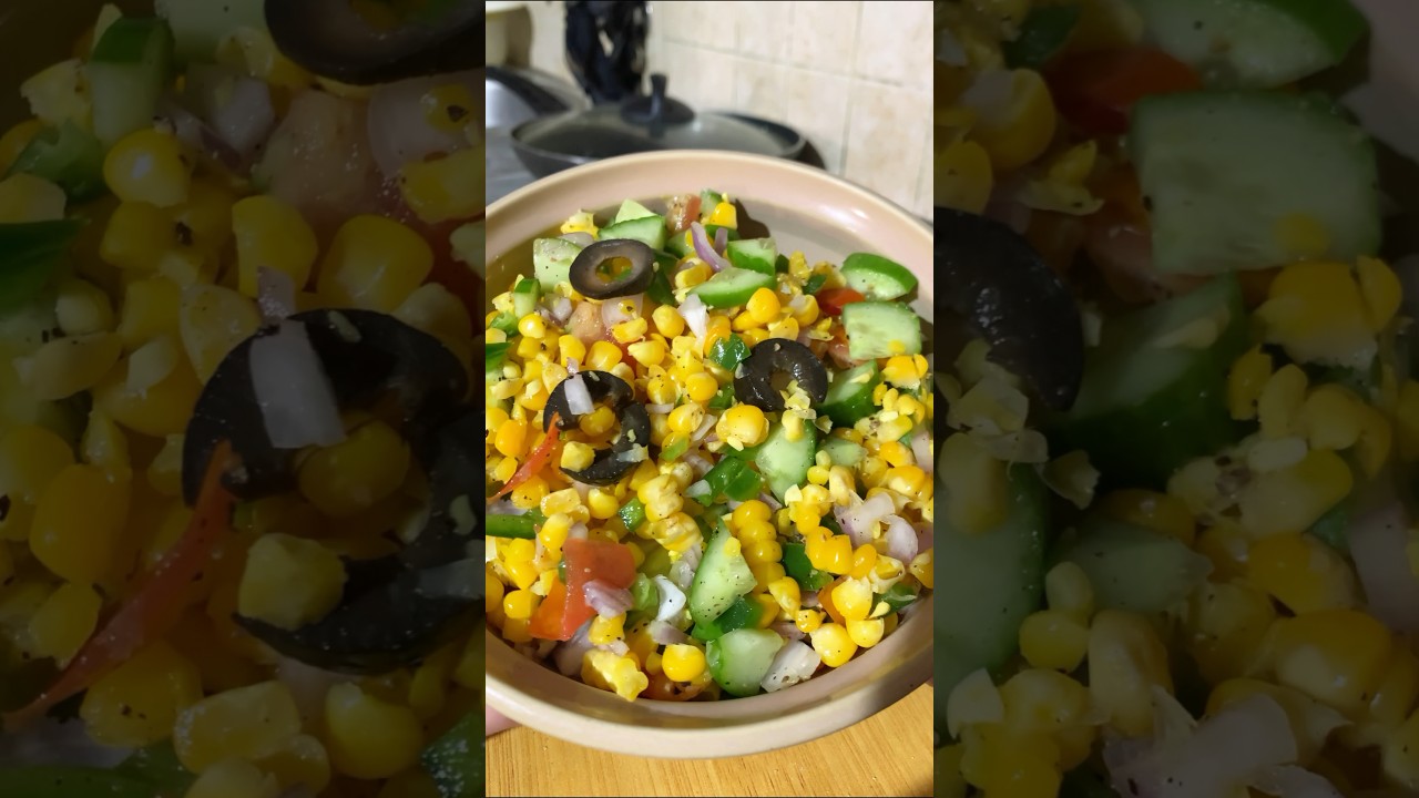 Sweet corn salad with tomato cucumber and black olives #quickandeasy #cornsalad #subwaysalad