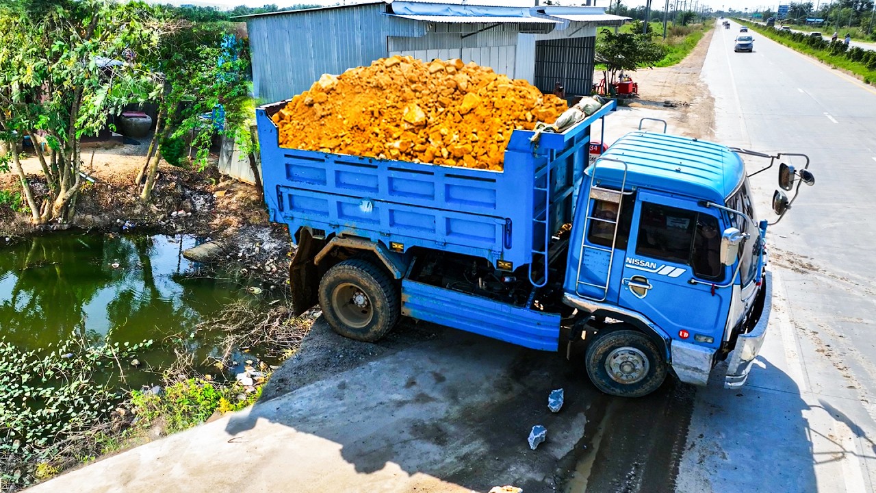 First Start Amazing Project!! Landfill On Flooded Area Process By Dozer With Dump Truck Unloading