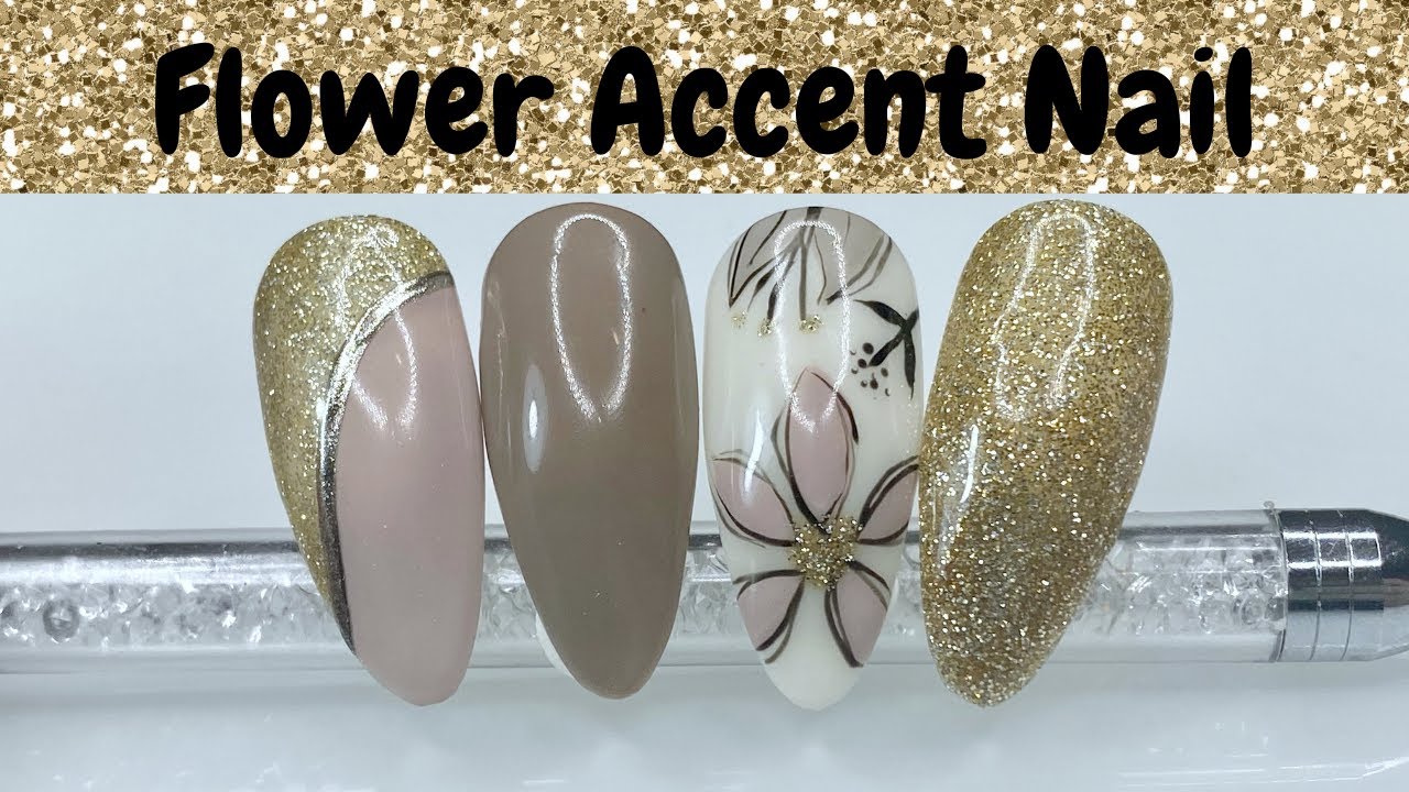 Flower Accent Nail Design | Floral Nail Art Idea | Gold Glitter Nails | Detailed Abstract Flower