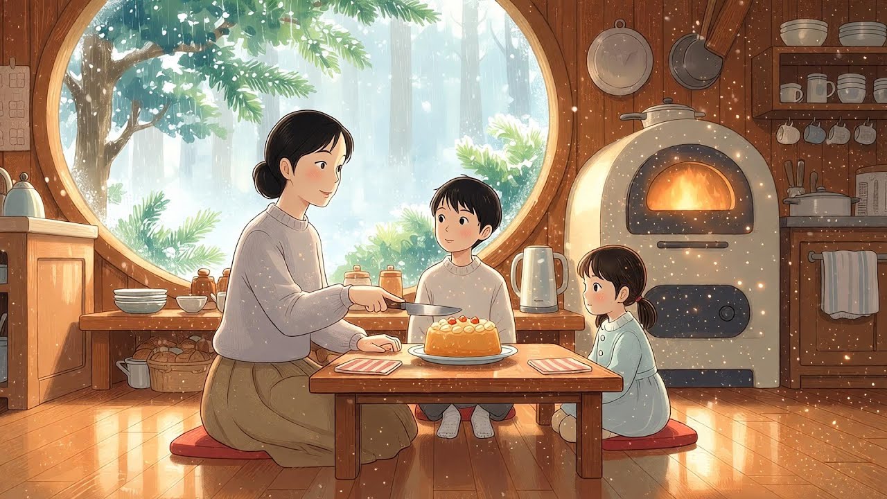 A cozy snowy winter day, a mother and children baking together, slow living.