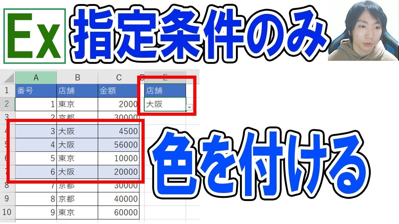 Excel条件で指定した場所のみ色を付ける