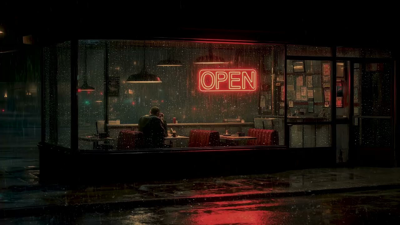 A quiet night for a man alone in a small diner during soft rain | Rain Sounds ASMR