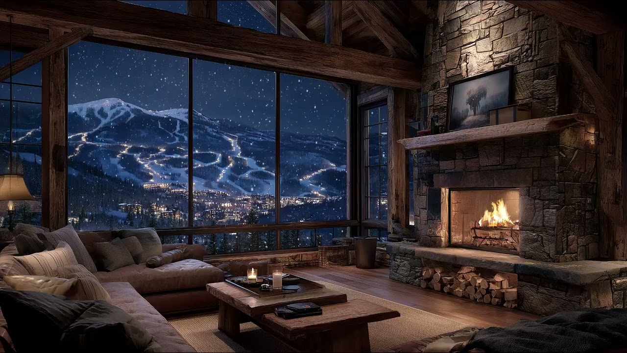 Ski Resort Lodge Ambience ❄️🔥 Cozy Mountain Ambience: Snowfall & Crackling Fireplace | 5 Hours (HD)