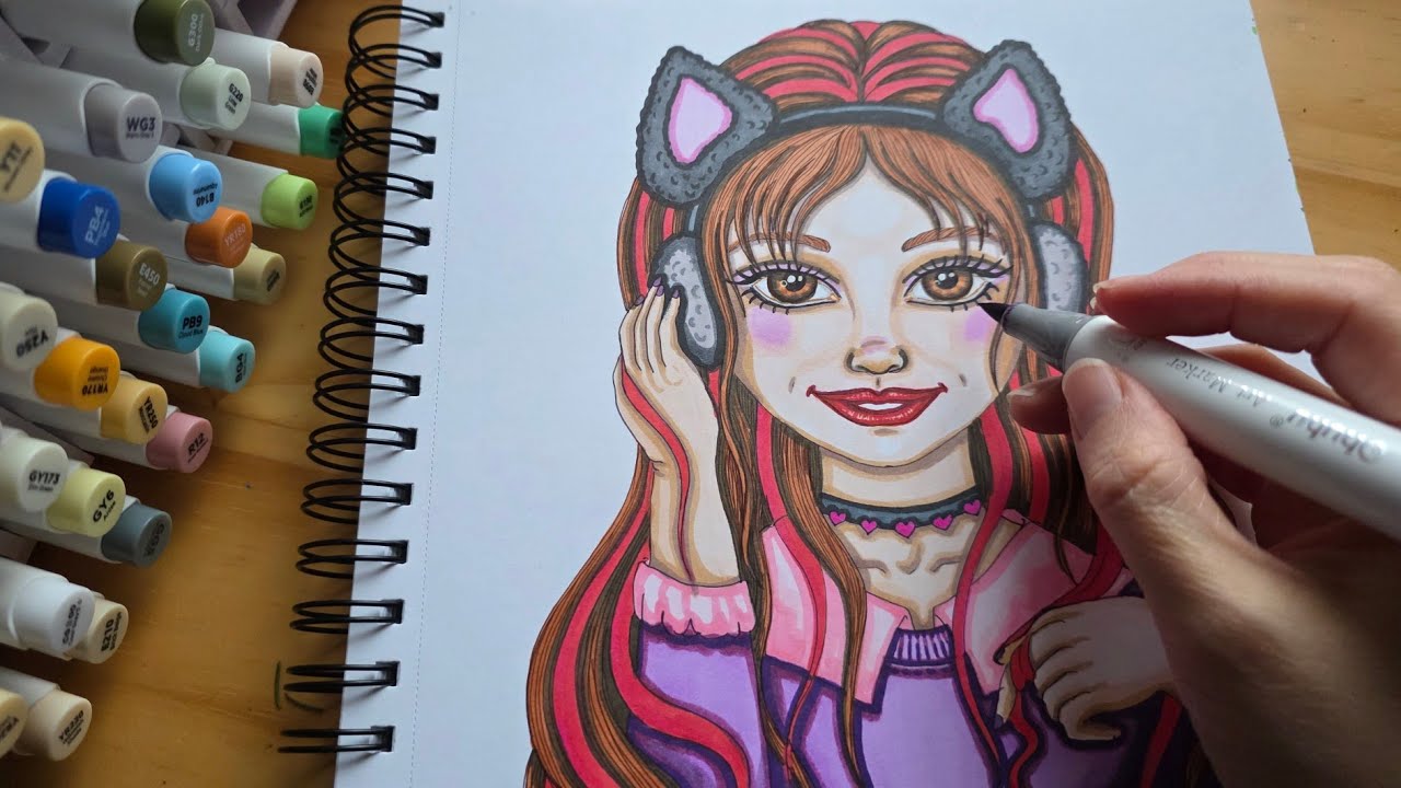 Drawing and coloring a cute cat girl, markers, sketchbook