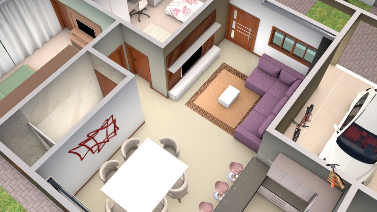 Planta 3D com dois Quartos, dois Banheiros e Cozinha Americana