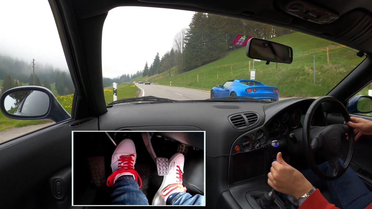 Swiss Alps RX-7 FD with Lotus and Porsche in car POV pedal cam mountain road driving Mazda JDM RHD