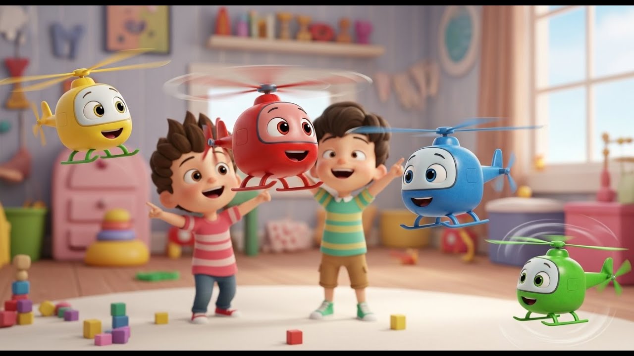 Cuatro Pequeños Helicópteros de Juguete Whirr Whirr | Canción de Transportes para Niños