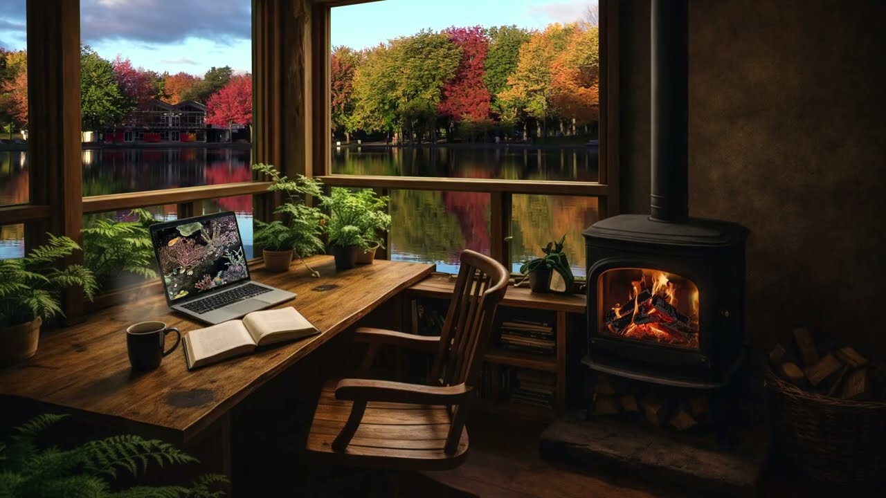 Cozy  Lakeside Cottage | Chill Lofi Study Music | Wood Stove & Autumn Trees