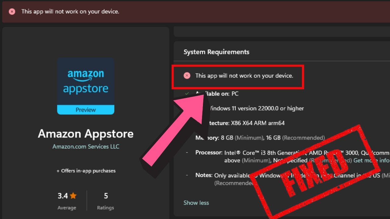 Это приложение не будет работать на вашем устройстве Windows 11 | Магазин приложений Amazon
