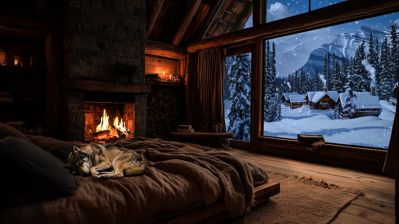 Warm Winter Cabin: Crackling Fire and Gentle Snowstorm Sounds for a Peaceful Sleep
