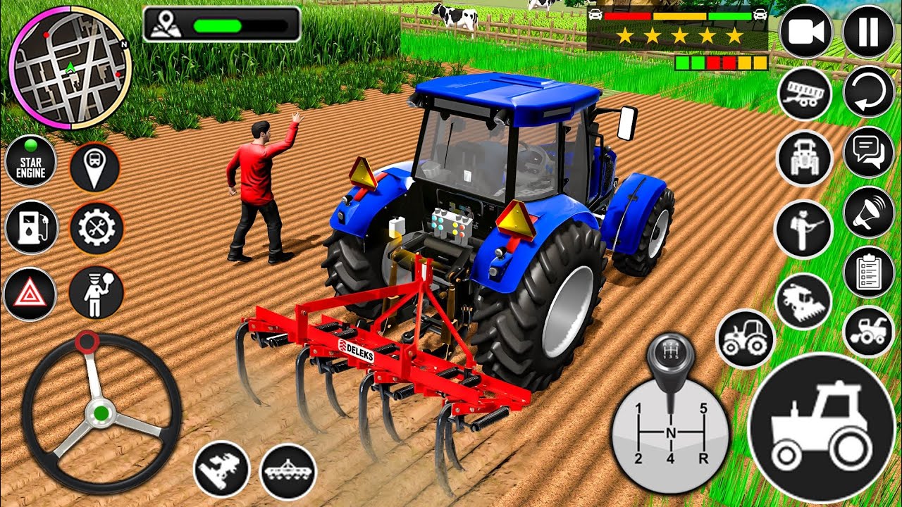 Tractor simulator game farm house in the field 