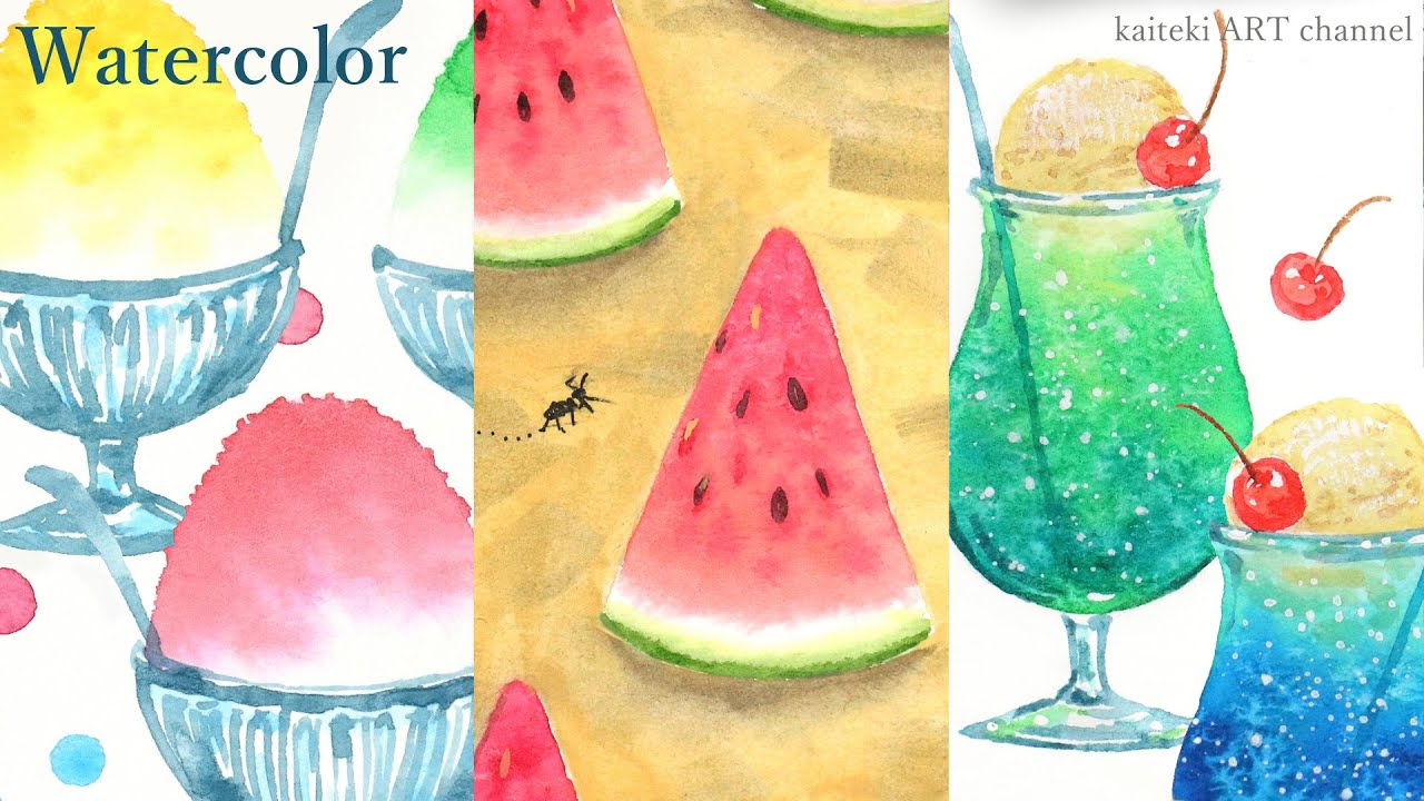 【透明水彩】涼し気でおいしい夏モチーフの描き方🍉🍹　Watercolor painting, how to draw Watermelon. Melon soda float, Shaved ice