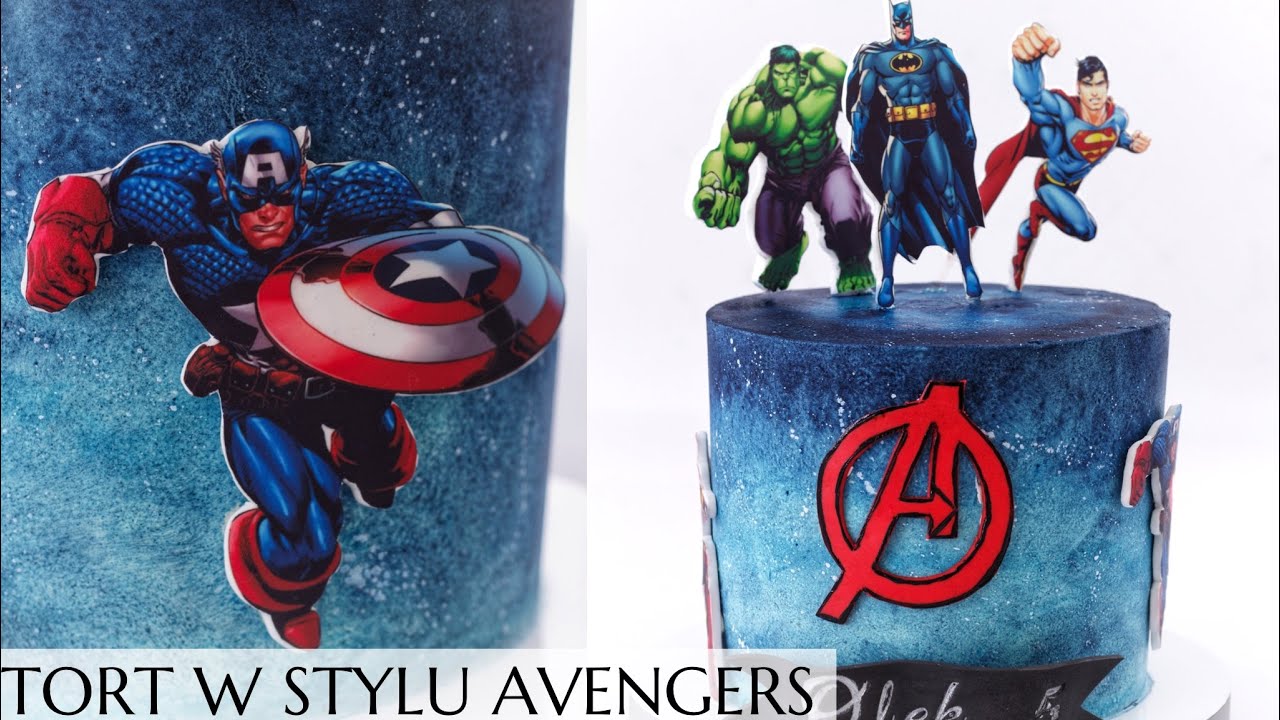 Tort w stylu Avengers: dekoracje z masy cukrowej, efekt ombre  akwareli na torcie