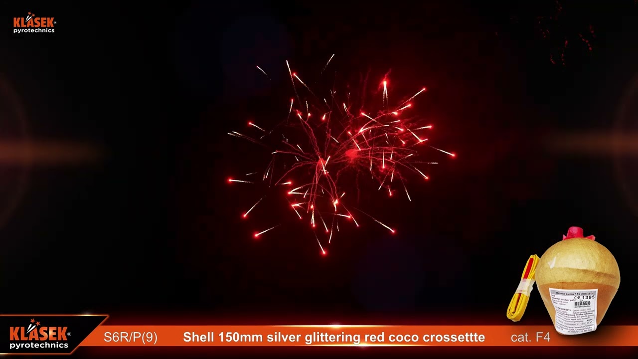 S6R/P(9)  Shell 150mm silver glittering red coco crossettte | Klasek pyrotechnics