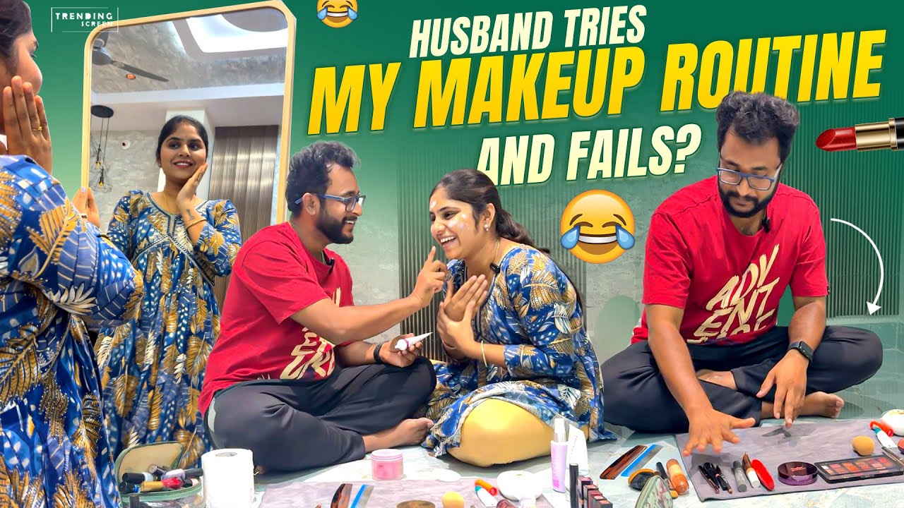 Husband Tries My Makeup Routine And Fails….? | Funtime | Couple | Sreekhya | FamilyVlogs