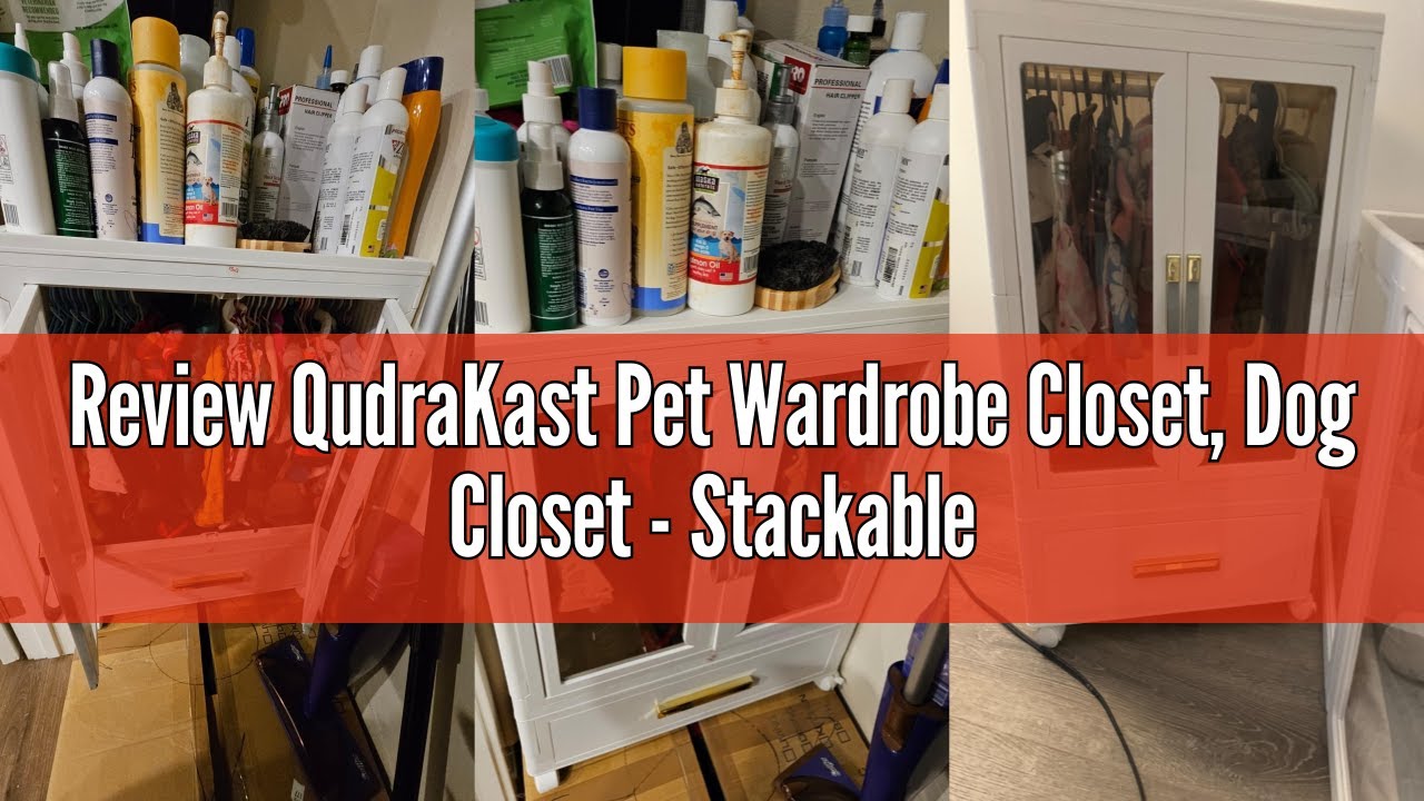 Review QudraKast Pet Wardrobe Closet, Dog Closet - Stackable Storage Bins with Doors, Wheels, and Ha