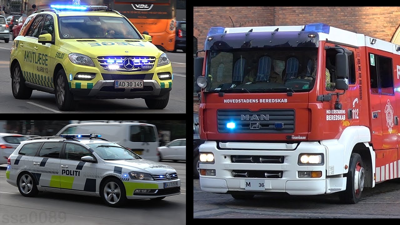 Fire engines, police and ambulances responding - Copenhagen - Siren, horn & action