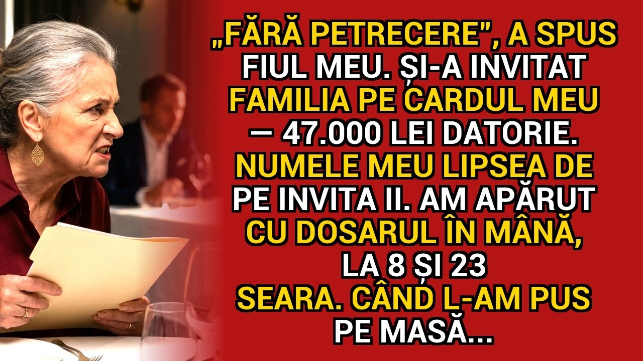 „Fără petrecere”, a spus. Și-a invitat familia pe cardul meu. Numele meu lipsea. Am apărut și...