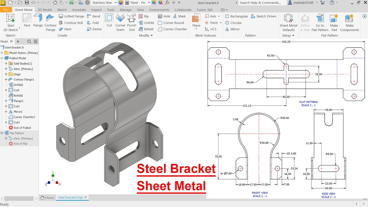 Кронштейн из листового металла Autodesk Inventor из стали