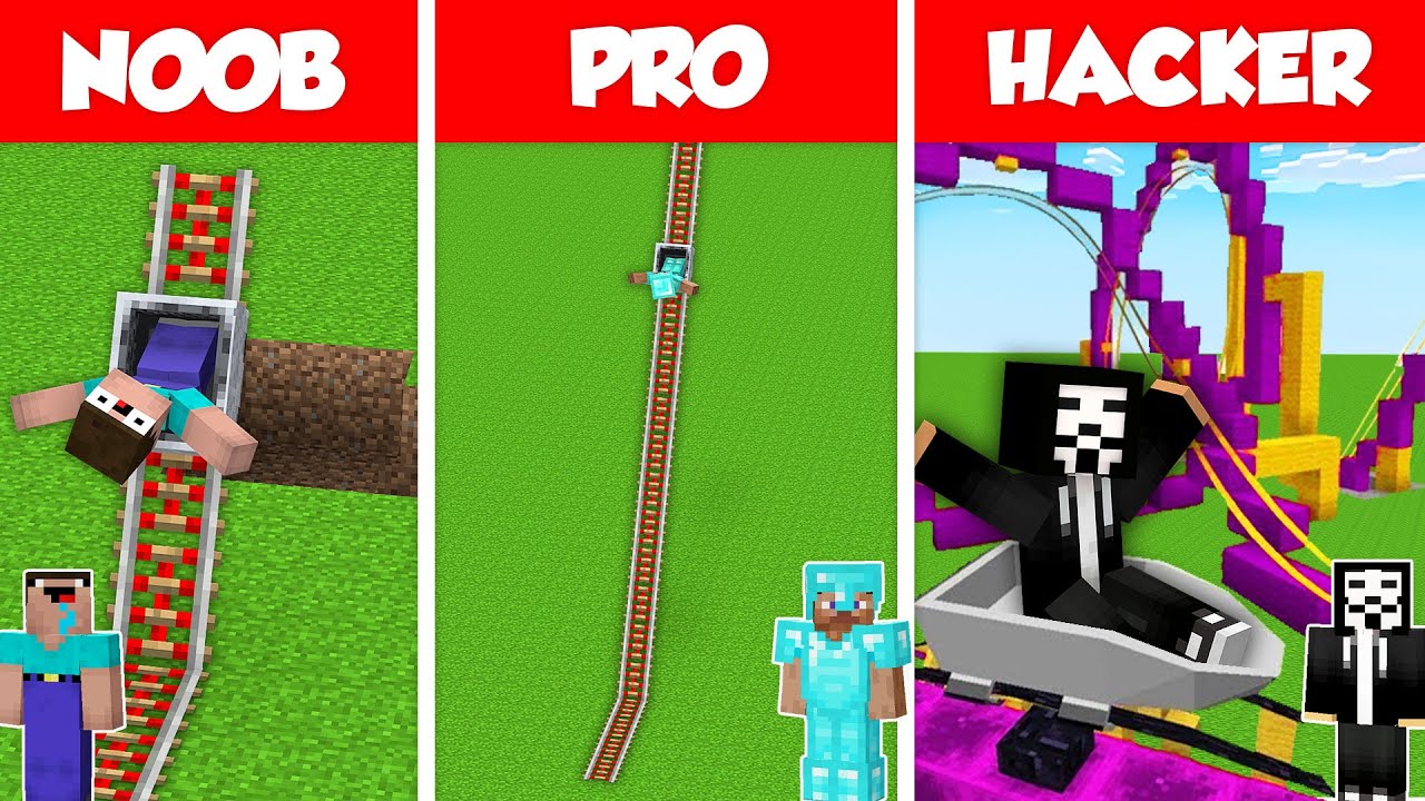 ENDLESS RAIL COASTER BASE HOUSE BUILD CHALLENGE - NOOB vs PRO vs HACKER / Minecraft Battle Animation