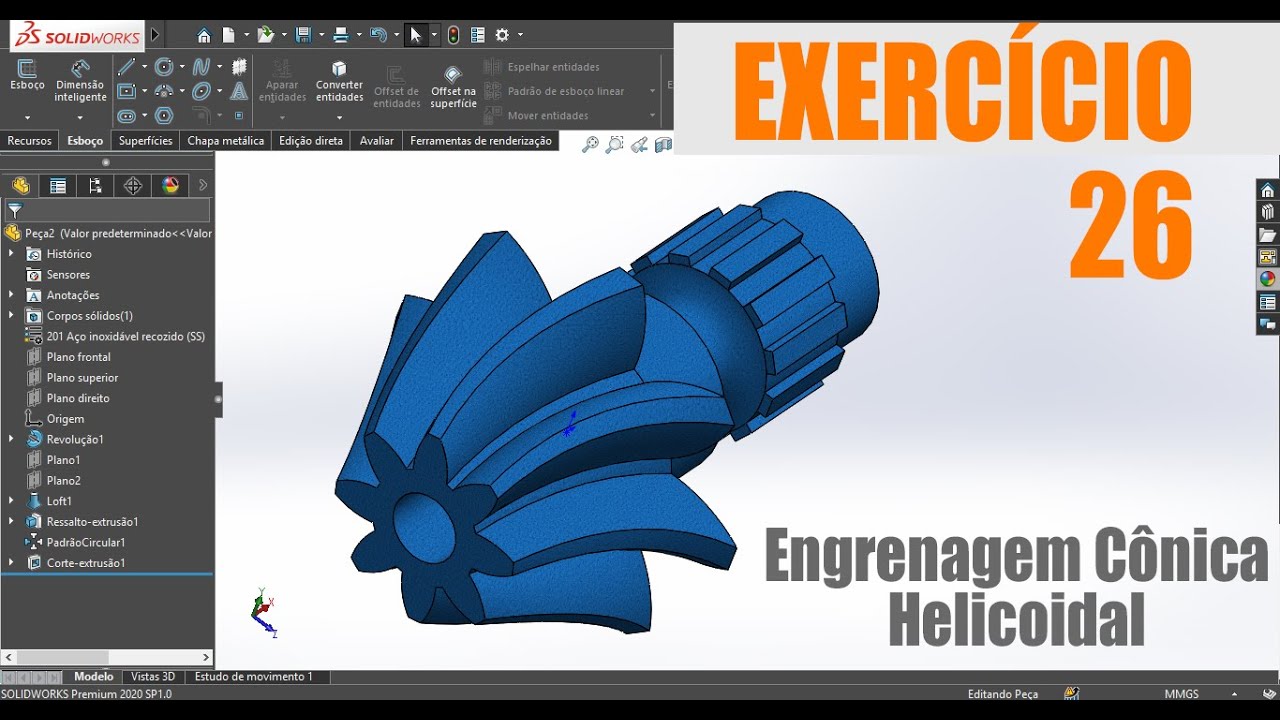 SOLIDWORKS | ENGRENAGEM CÔNICA HELICOIDAL - EXERCÍCIO 26