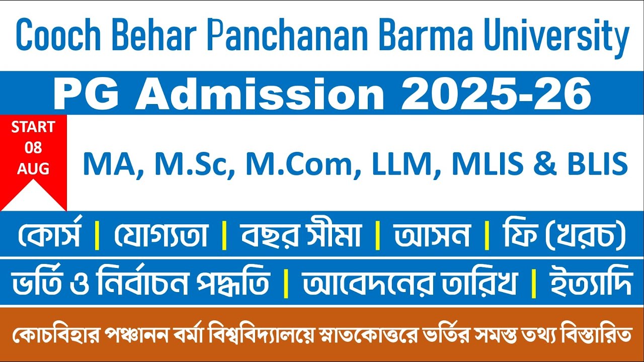 Cooch Behar Panchanan Barma University PG Admission 2025-2026: Full Information | MA/M.Sc/M.Com/LLM