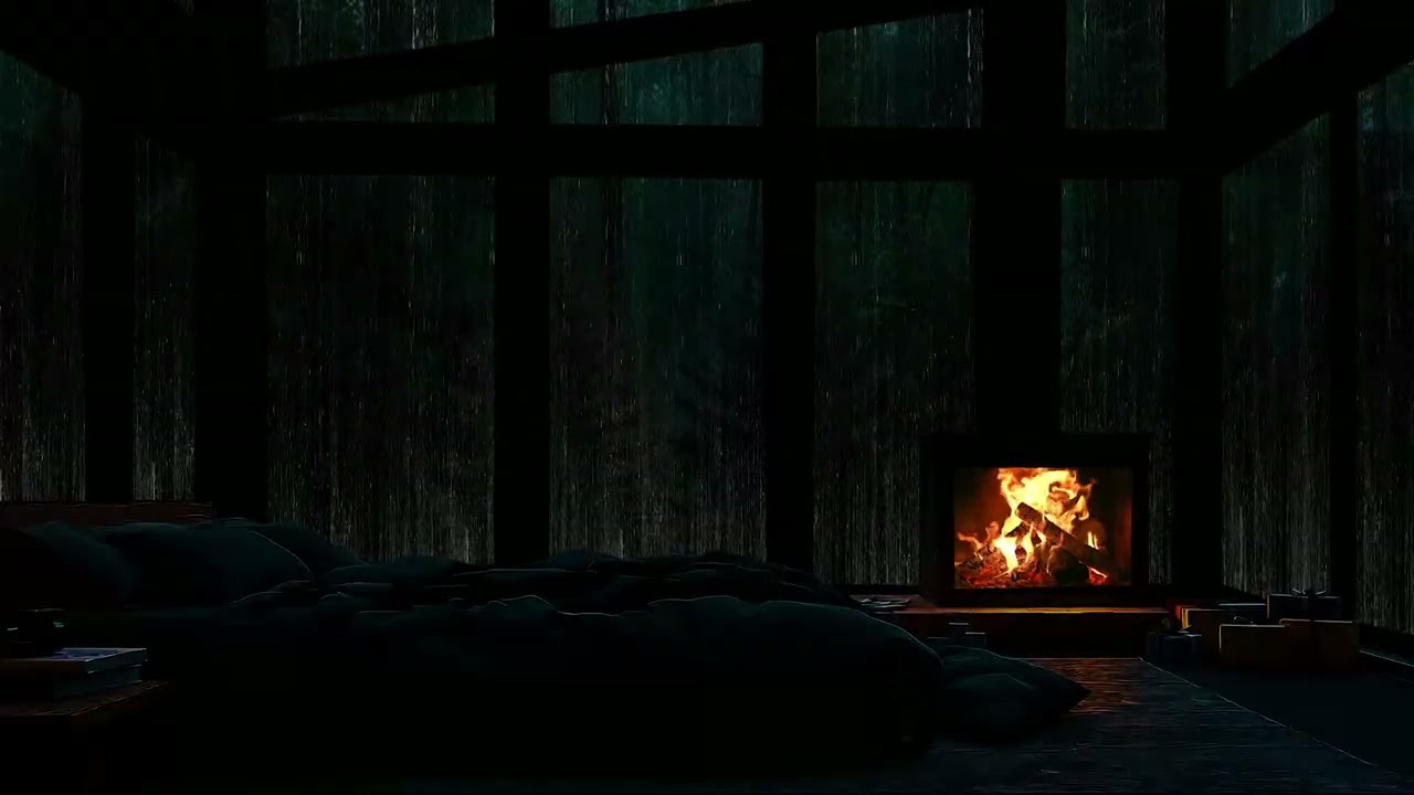 A Calm Rainy Evening with Warm Fireplace Ambience and Deep Rest