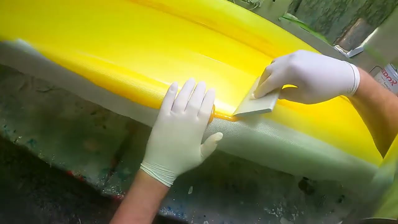 glass bottom cutlap surfboard shaping glassing sanding spraying fin POV polishing tutorial explained