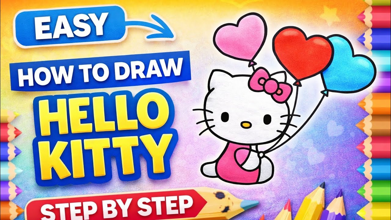 Easy Hello Kitty with Heart Balloons Drawing ❤️ | Cute Drawing for Kids Step by Step