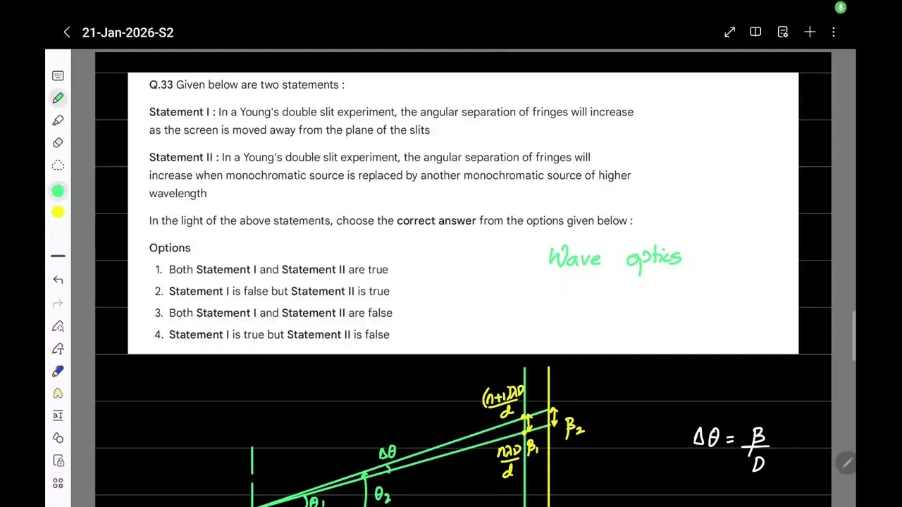 JEE Main 2026 Physics Solution | 21st Jan Shift 2 | Wave Optics: YDSE Angular Width