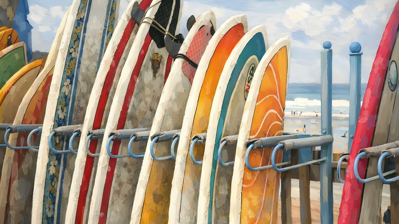 Coastal Surfboard Art | 4K Ambient Oil Painting for Frame TV (2 Hours)