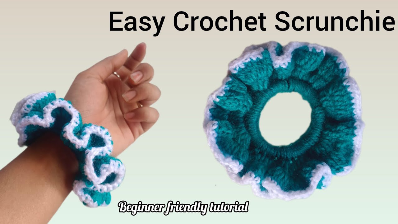 Easy Crochet Scrunchie Tutorial 🧶| teal and white Hair Scrunchie |  Beginners | Hindi 