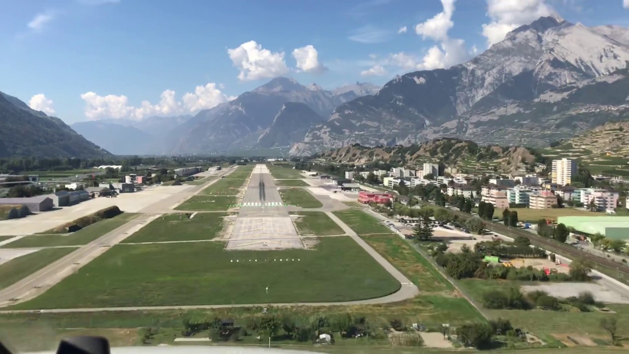 Landing a jet in Sion, Switzerland (cockpit view)
