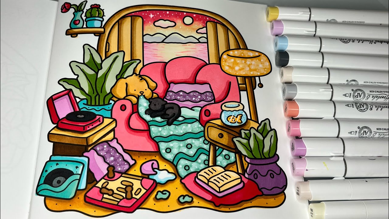 Cozy Corner by Coco Wyo | Color With Me | Ohuhu Alcohol Markers #adultcoloring #cocowyo #cozycorner