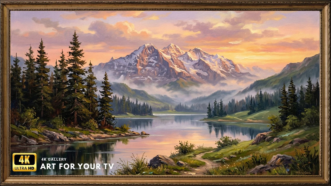 Misty Mountain Peaks at Dawn, Vintage Alpine Landscape Oil Painting 4K UHD | Framed Art TV