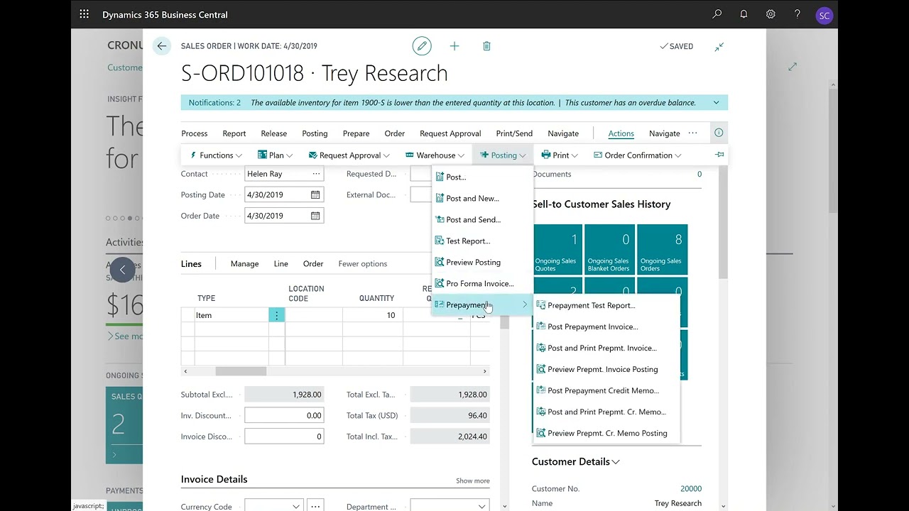 Dynamics 365 Business Central — Как разместить счет на предоплату по заказу на продажу