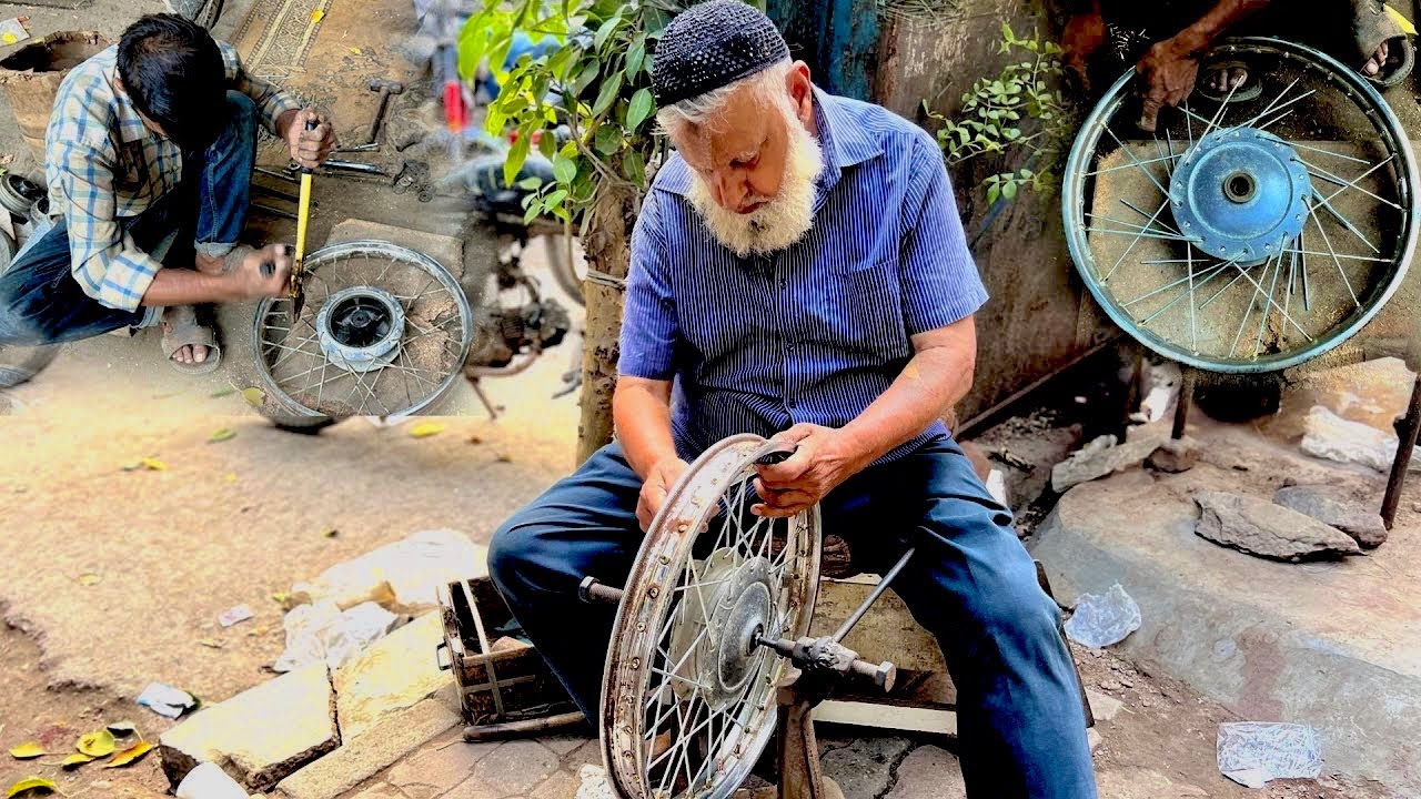 Hard Working Old Man Wheel Through Rim Process | Motorcycle rim adjustment @SkillFactoryHub
