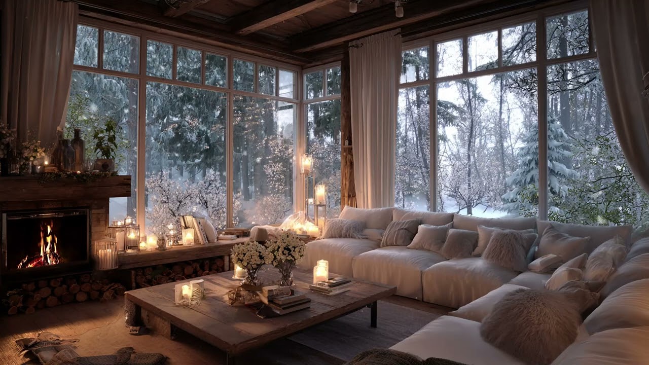 Snow Falling Past The Balcony As Piano And Fireplace Warmth Ease The Winter Silence