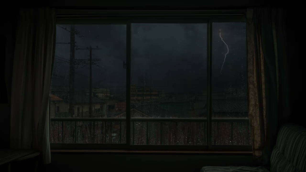 Watching Rain from Window | Quiet Town at Night | Gentle Rain & Thunders for Stress Relief